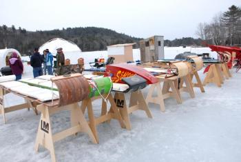 Freshly waxed toboggans lay ready to race at the 2012 U.S. National Toboggan Championships at the Camden Snow Bowl. This year's event is Feb. 8, 9 and 10. (Photo courtesy Dave Ridley/Camden Snow Bowl)