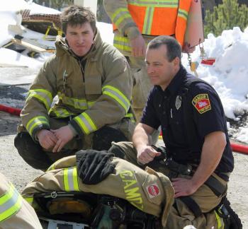 Camden firefighter Ryan Fisher and Lt. Bob French. (Photo by Holly S. Edwards)