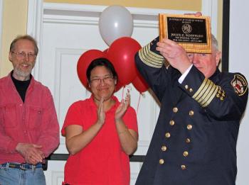 Rockport selectmen honoring Bruce with a plaque. (Photo by Holly S. Edwards)