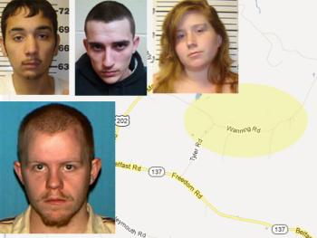 Alexander Salas, Bryan Gower and Paige Lanctot are all in custody, charged with crimes related to a Unity home invasion and robbery March 5. Danny Green, bottom left, is wanted by police. (Courtesy Waldo County Jail)