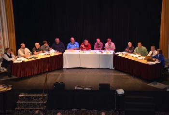The EMS review team consisted of Martin Cates-Camden; consultant Rick Petrie (not officially on the team); Jason Trundy-Lincolnville; Jim Sinclair-Lincolnville; Eric Campbell-Hope; Bill Pearse-Hope; John French-Camden; Geoff Parker-Rockport; Ken McKinley-Rockport; Rockport Interim Town Manager Roger Moody; Hope Town Administrator Jon Duke; Lincolnville Town Administrator David Kinney; and Camden Town Manager Patricia Finnigan. (Photo by Lynda Clancy)