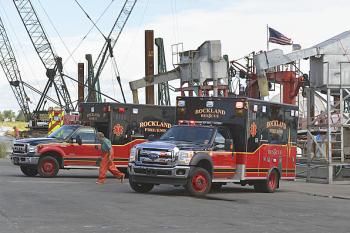 Rockland Fire and EMS and Thomaston Ambulance crews responded to the O’Hara bait shop on Front Street Friday afternoon after two men were overcome by what turned out to be a buildup of hydrogen sulfide in the hold of the fishing vessel ‘Starlight.’ (Photo by Ron Hawkes)