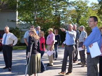 The Sept. 18 site walk included the Camden Planning Board, town officials, lawyers, neighbors and residents who own property in Camden’s Coastal Residential zone. (Photo by Lynda Clancy)