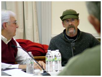 Jeff Davis of Stockton Springs, right, was brought into the discussion group on the night of the event in an effort to include a participant from his town. At left, former Belfast City Councilor Larry Theye. (Photo by Ethan Andrews)