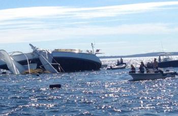 The story of the Archangel going aground was the second-most highest read story of 2013 at Penobscot Bay Pilot. The Archangel lost its mast when it crashed into East Goose Rock, off Lasell Island Aug. 7, grounded out, and rolled onto its side. (Photo courtesy Leonard Lookner)