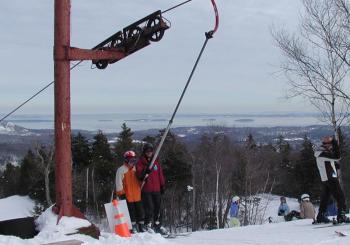 The Big T-bar at the Camden Snow Bowl has served skiers for 48 years, taking them to the top of Ragged Mountain. It will be dismantled this coming week, and eventually replaced by a three-person chairlift. (Photo by Lynda Clancy)