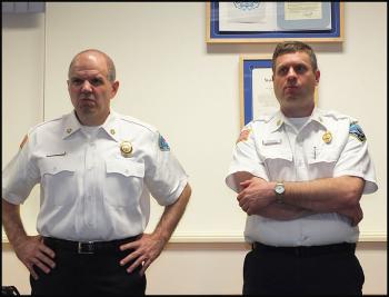 Rockland Asst. Fire Chief Adam Miceli, right, will act as interim fire chief beginning May 1. Standing with Miceli is Fire Chief Charlie Jordon, who in January announced that he was retiring at the end of April. (Photo by Chris Wolf)