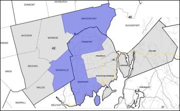 Statewide redistricting, in effect for the current election cycle, has dramatically changed the boundaries of Maine’s house districts, and created some unusual contests in the process. The newly-designated District 98 (shown in blue) is composed of towns from two current House districts (41 and 42) and includes the residences of two sitting legislators, who are competing against each other for re-election. (Graphic by Ethan Andrews)