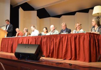 Moderator Bob Duke; Select Board members Geoffrey Parker, Charlton Ames, Ken McKinley, Tracy Murphy, Bill Chapman; Town Manager Rick Bates; Financial Director Virginia Lindsey and Town Clerk Linda Greenlaw. (Photo by Lynda Clancy)