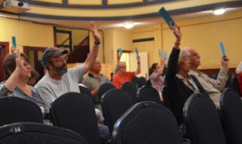 Rockport’s annual town meeting got under way at 7 p.m. June 11 with the fewest citizens on hand in decades, perhaps ever. (Photo by Lynda Clancy)