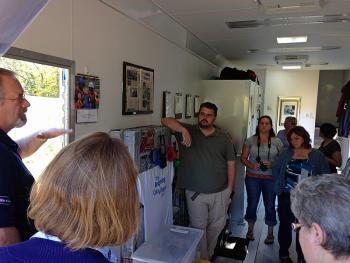 Instructor Jeff Eyre, from the American Humane Association, leads the Sept. 27-28 Maine Emergency Management Agency program for statewide Community Animal Response Teams in Orono. Here he is inside the Humane Associations’ Red Star Animal Emergency Services mobile response unit where animals are received, identified and checked over for health issues before the next phase, which is to shelter them.