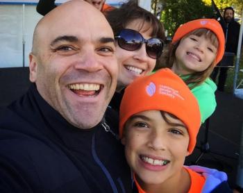 This photo of the Smith family (Billy, Heather, Will and Olivia) participating in the National Brain Tumor Society’s Boston Brain Tumor Walk Oct. 26, prompted 10-year-old Jacob Murray to help them raise money by selling cupcakes with brains on them at his mom’s shop in Rockport. (Courtesy William ‘Billy’ Smith/Facebook)
