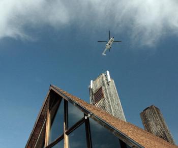 The CHI Aviation helicopter arrives at the Camden Snow Bowl Monday morning. (Photo by Holly S. Edwards)