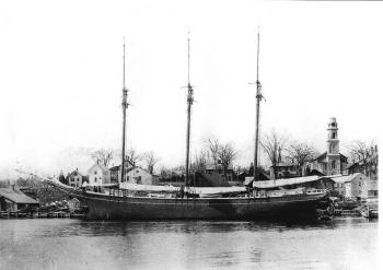 The three-masted William H. Sumner is launched in Camden Harbor, in 1891. (Photo courtesy Barbara F. Dyer)