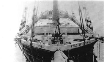 The three-masted William H. Sumner, built in Camden, ran aground in North Carolina, her captain dead. (Photo courtesy Barbara F. Dyer)