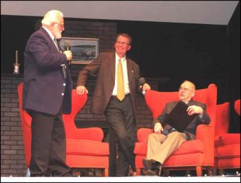 Granville Ames, Master of Ceremonies Robert Duke and Herbert Annis keep the town chuckling Feb. 25, during Rockport’s Quasquicentennial opening celebration at the Rockport Opera House. (Photos by Chris Wolf)