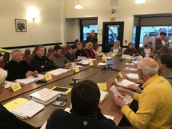 Camden Budget Committee members present at the April 20 meeting included: Edward Collins, Tia Anderson, Paul Cavalli, Don Foster, Etienne Perret, Kathy Young, Tammy Ballou, Kate Bates, Jean Freedman-White (chair), Ronald Vonosdol, Jean Burleson, Alison McKellar, Nancy Laite, Kristen Lindquist, Bruce Malone, Leamon Scott, Morgan Laidlaw, James Francomano, Richard Gross. (Photo by Holly S. Edwards)