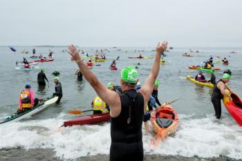 The 5k (3.1 mile) swim starts at Point Lookout’s beach in Northport and finishes at the Grindle Point Lighthouse on Islesboro. (Photo courtesy Michele Barker)