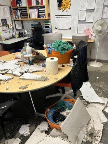 Ceiling tiles fell at CRMS as a result of the water leak. (Photo courtesy SAD 28)
c