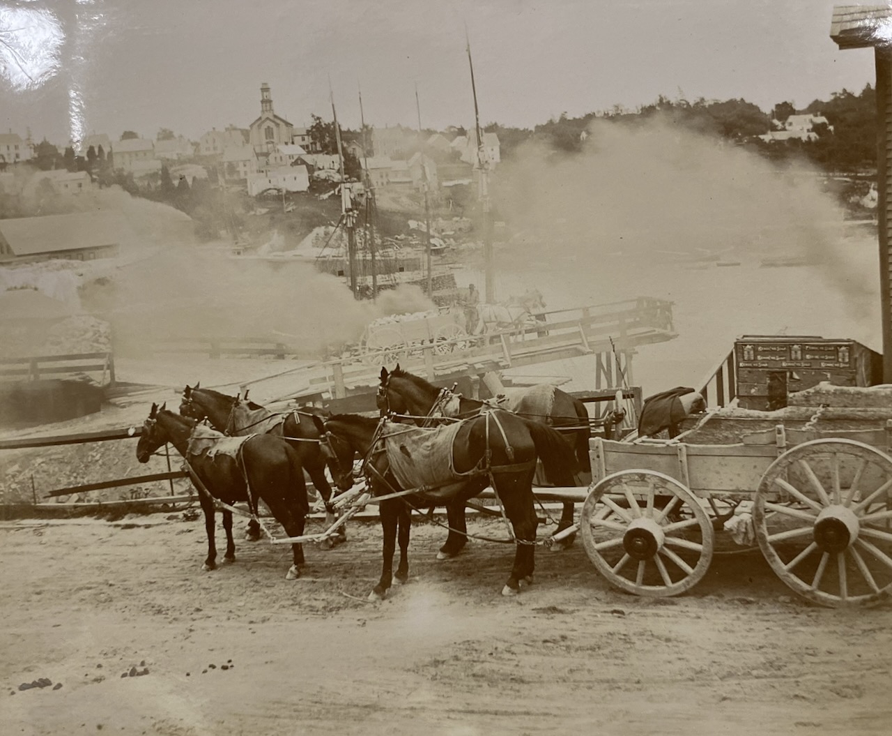 Horses carry quarried stone with wagons to Rockport Harbor. Photo courtesy Camden-Rockport Historical Society