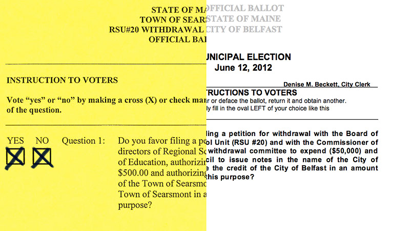 Sample ballots from midterm elections in Searsmont and Belfast with a question regarding withdrawal from Regional School Unit 20. Voters in these and the other four municipalities of the pre-consolidation School Administrative District 34 have approved the statutory measure, but as Belfast presses ahead, some are questioning the meaning of the vote. (Photo illustration by Ethan Andrews)