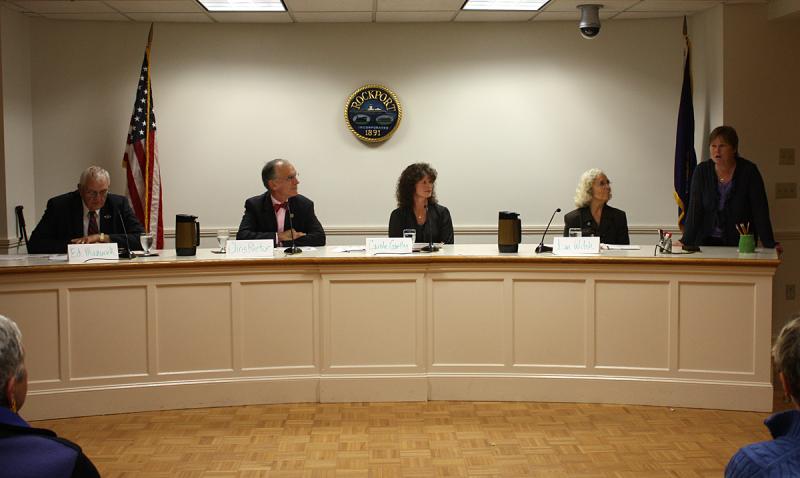 From left, candidates Ed Mazurek, Chris Rector, Carole Gartley and Joan Welsh with Rockport Librarian Molly Larson. (Photo by Holly S. Edwards)