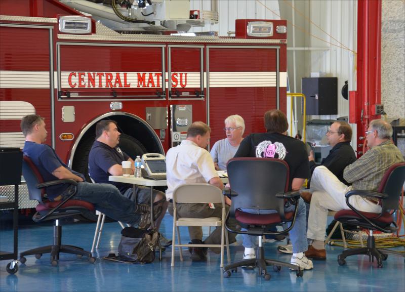 A crew from Alaska visits Pierce to review progress on a new truck, and complete a final inspection. (Photo by Lynda Clancy)