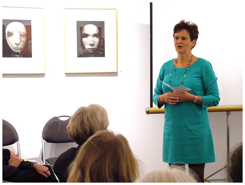 Julie Richard, newly appointed director of the Maine Art Commission in August, addresses a group of 60 people on the topic of the creative economy, at Waterfall Arts, Oct. 31. (Photo by Ethan Andrews)