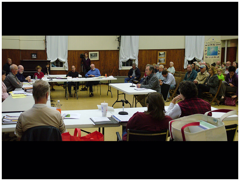 Steve Hinchman, center, attorney for two groups opposing the LPG facility addresses the Searsport Planning Board, Oct. 8. (Photo by Ethan Andrews)