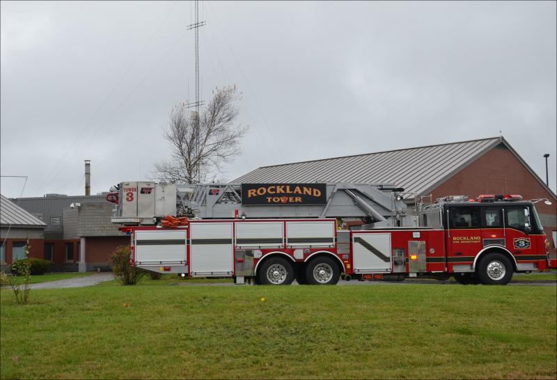 Rockland Fire Department responded to a report of smoke at the jail with its ladder truck. (Photo by Lynda Clancy)