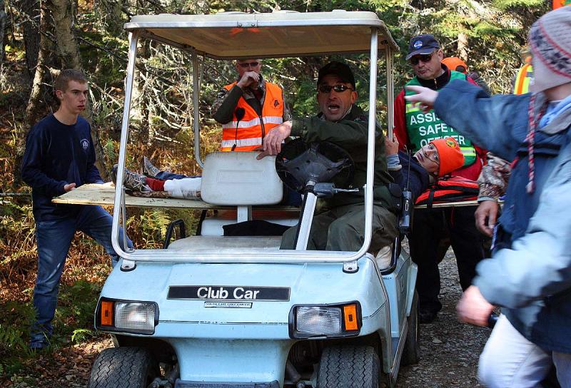 A golf cart makes a handy transport vehicle for rescuers during the mass casualty drill Saturday on Lasell Island. (Photo by Holly S. Edwards)