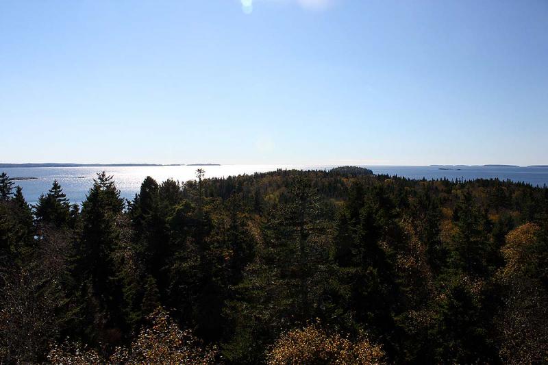 The view from atop the fire tower on Lasell Island, looking south toward Vinalhaven and Rockland. (Photo by Holly S. Edwards)