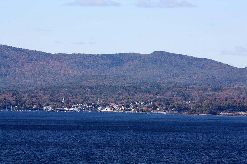 Zooming in, Camden's harbor and its three distinctive spires can be seen from atop the fire tower on Lasell Island. (Photo by Holly S. Edwards)