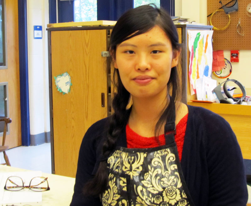 Camden Hills Regional High School Junior Alice Wang spends a rainy afternoon working in the art room.