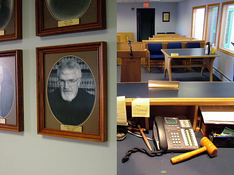 In the Waldo County Probate Court. Left: a portrait of challenger Randy Mailloux during a previous term as probate judge from 1997-2004. Right: Presiding Waldo County Judge of Probate Susan Longley's view from the bench. (Photos by Ethan Andrews)