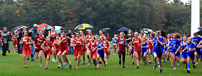 And the girls are off and running at the Busline League cross country meet held Thursday, Oct. 4 at Camden Hills. (Photo Courtesy of Ellen Curtis)