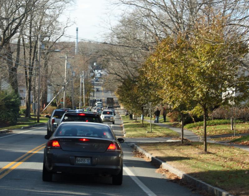 Route 1 southbound traffic backs up during the fire call at 26 High St. in Camden Thursday morning. (Photo by Holly S. Edwards)