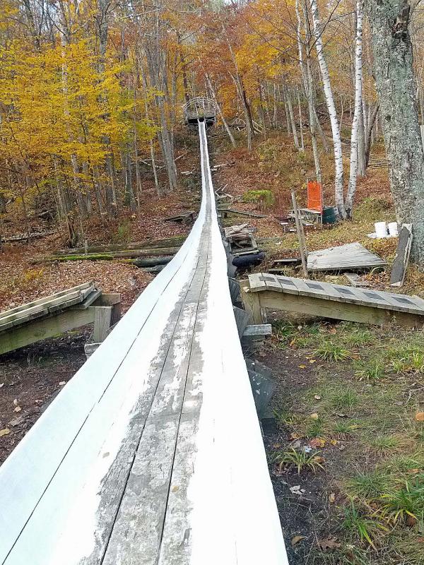 Another view of Camden's 400-foot-long wooden toboggan chute this fall. (Photo courtesy Sandy Cox)