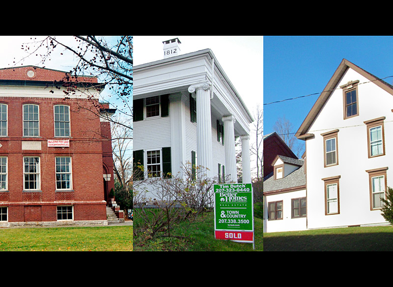 The former Peirce School, left, the Johnson-Pratt House and old Waldo County Sheriff's Office and jail have all outlived their original purposes, but after languishing in what might have been their later years, each may be on the cusp of a new chapter. (Photos by Ethan Andrews)