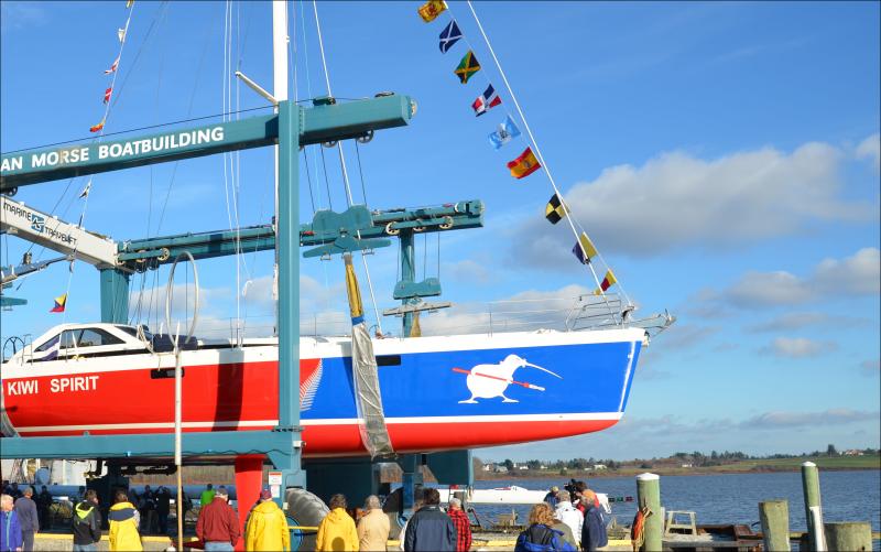 Kiwi Spirit, the 63-foot cruising yacht built by Lyman Morse Boatbuilding Company, hovered just above high tide Nov. 1 before slipping into the St. George River and a life of competitive sailing. (Photos by Lynda Clancy)