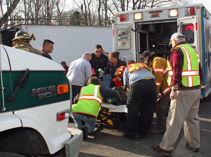 According to Rockport Police Officer Dana Smith, Floyd Hews sustained minor injuries when he collided with a tractor trailer hauling lobsters Sunday. (Photo by Holly S. Edwards)