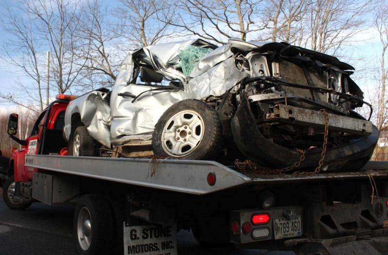 Luckily, Floyd Hews was alone in his pickup truck Sunday when it collided with a tractor trailer in Rockport. (Photo by Holly S. Edwards)