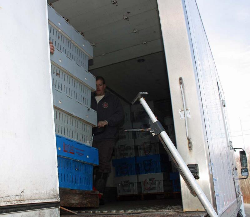 Pallets loaded with crates of lobsters are moved from one truck...(Photo by Holly S. Edwards)