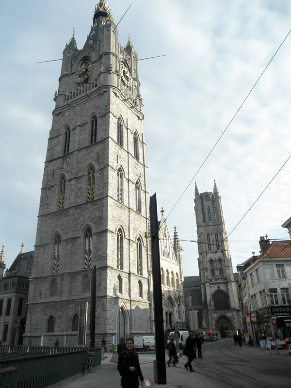 The belfry, cathedral number two just behind. Kevin, our fearless map-interpreter, in the direct foreground. (Photo by Ari Snider)