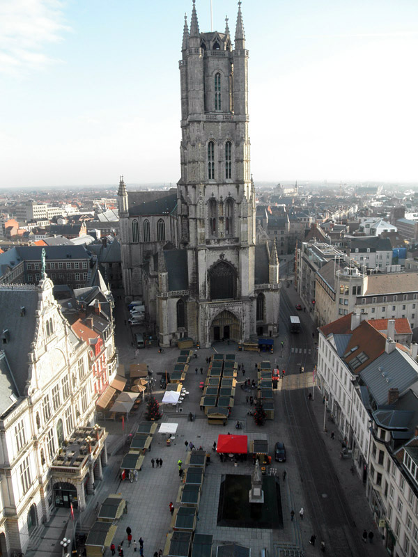 From the other side of the belfry, looking at cathedral number two, Christmas market below. From my understanding, the cathedrals were built by two of Ghent's most influential families, in the same spirit with which one might buy a larger car to impress one's neighbors.