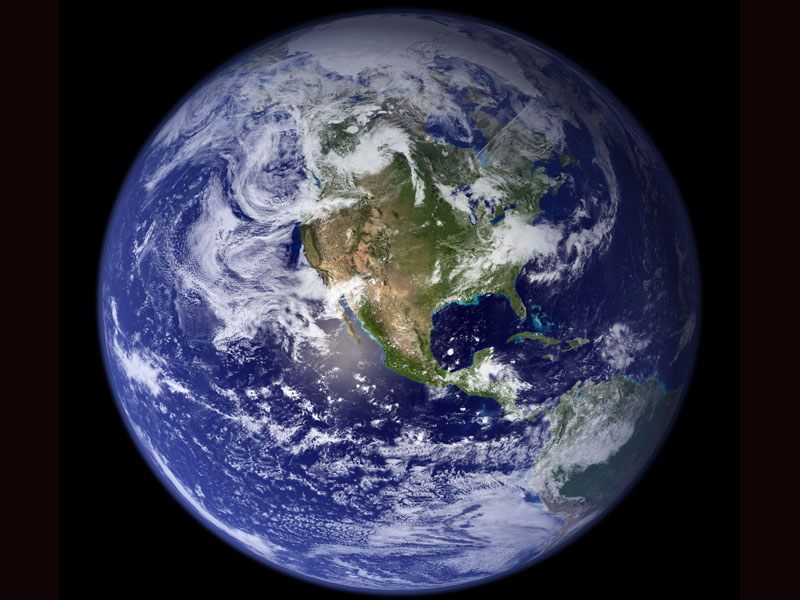 This “blue marble” image, courtesy of NASA, is the most detailed true-color image of the entire Earth to date. Using a collection of satellite-based observations, scientists and visualizers stitched together months of observations of the land surface, oceans, sea ice, and clouds into a true-color mosaic of every square kilometer (.386 square mile) of the planet. Much of the information contained in this image came from a single remote-sensing device-NASA’s Moderate Resolution Imaging Spectroradiometer (MODIS). Onboard the Terra satellite, MODIS observes a variety of terrestrial, oceanic, and atmospheric features of the Earth. (Courtesy of NASA Goddard Space Flight Center)