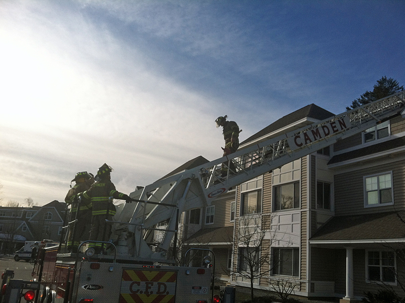 Camden First Aid Association and Camden firefighters worked together to remove an injured worker off the fourth-floor roof of Quarry Hill early Friday afternoon. (Photo courtesy Justin Hills)