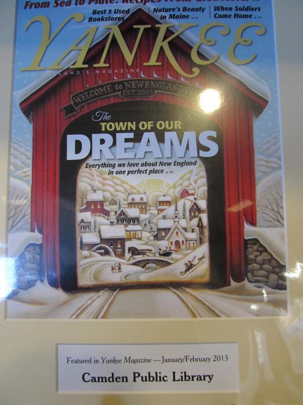 The framed Yankee magazine cover with the story mentioning the Camden Public Library. (Photo by Kay Stephens)