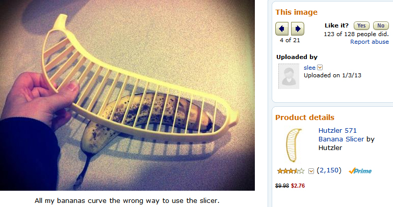 Screen grab of an image uploaded by a reviewer/customer to the Hutzler 571 Banana Slicer page. (Courtesy Amazon.com)