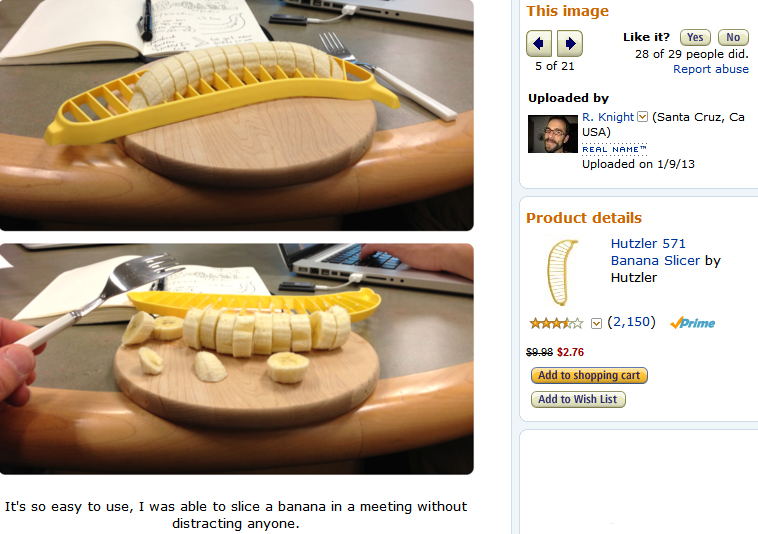 Screen grab of an image uploaded by a reviewer/customer to the Hutzler 571 Banana Slicer page. (Courtesy Amazon.com)